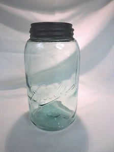 Vintage Triple L Drop A Blue Glass Quart Ball Mason Jar w/ Zinc Lid - HT005 - Picture 1 of 9