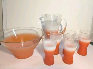 VTG ORANGE FLAME GLASS BLENDO PITCHER 5 TUMBLER & Bowl - Picture 1 of 2