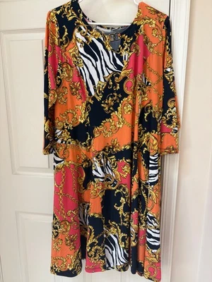 Susan Graver Liquid Knit Dress With Enamel Detail Size XL Pink Swirl A274928 - Image 1 of 4