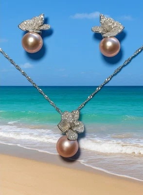 Pink Cultured Freshwater Pearl Pendant With Necklace And Earring Set - Image 1 of 4
