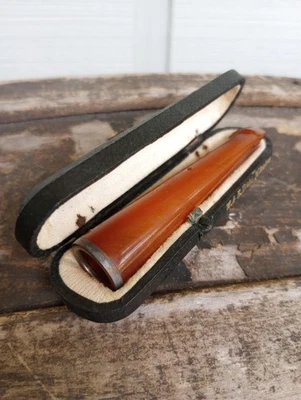 Vintage Cigar Cigarette Holder & Orig Fitted Case 3”+ Silver & Amber W & R Diehl - Image 1 of 4