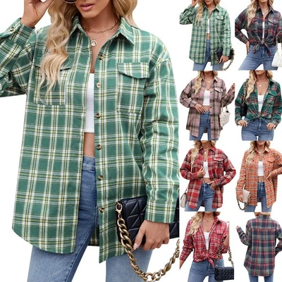 Ladies Check Autumn Buttons Pocket Shirts Coat Tops Long Sleeve Blouse Plus SIZE - Image 1 of 4