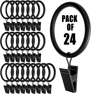 24 Pack Black Curtain Rings with Clips, Curtain Hooks for Hanging, Heavy Duty Dr - Image 1 of 4