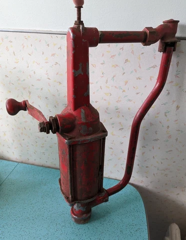 Vintage Iron Hand Crank OIL GAS WATER PUMP Painted Red Distressed Farm Decor Cover