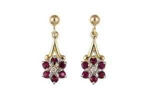 Ruby and Diamond Earrings Yellow Gold Drop Drops Cluster Hallmarked Real Stones - Picture 1 of 3