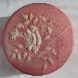 TRINKET VANITY CASE PINK SOAPSTONE INCOLAY FLORAL SIGNED R. NEMITH VINTAGE - Picture 1 of 5