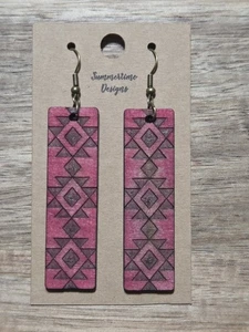 Hand Painted Laser Cut Wood Earrings Barn Red Aztec Bar 2.5" - Picture 1 of 1