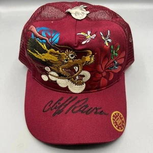 Gorra de camionero vintage Cliff Raven roja Ed Hardy tatuaje japonés espalda a presión años 90 - Imagen 1 de 8
