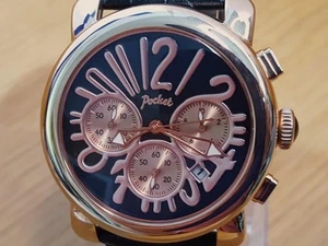 Herren Schwarz Leder XXL Rosegold Retro Pop-Art Chrono Taschenuhr PK3022 NEU - Bild 1 von 11