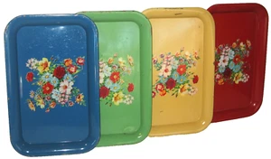 Set of 4 VtG Floral Farmhouse Chippy Metal Serving Trays Red-Yellow-Blue-Green - Picture 1 of 14