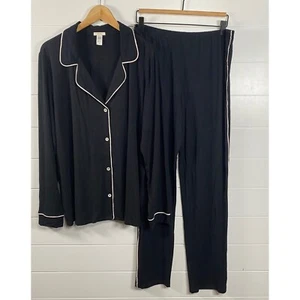 Eberjey Womens Gisele Long Pajama Set sz L Black Button Up Shirt Pants Sleepwear - Picture 1 of 17