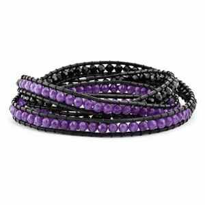 Black Crystal and Purple Quartz Bead and Leather Multi-wrap Bracelet - Picture 1 of 1