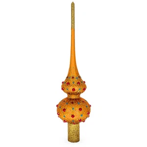 Red Jewels on Gold Geometrical Mouth Blown Glass Christmas Tree Topper 11 Inches - Picture 1 of 3