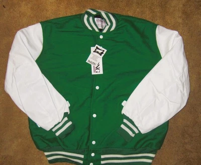 Chaqueta DeLONG Varsity Lettermans años 90 Kelly verde blanco cuero mangas XLRG Foto 1 de 4