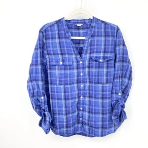 LL Bean Damen Größe Large Hemd Button Down Oberteil blau kariert 100 % Leinen 3/4-Arm - Bild 1 von 7