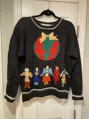 Suéter de Navidad tejido a mano de colección Marisa Christina talla M/L World Peace Globe Foto 1 de 4