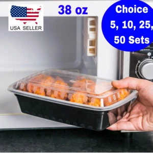 38 oz Plastic Meal Prep Food Containers With Lids Microwavable Reusable - Picture 1 of 9