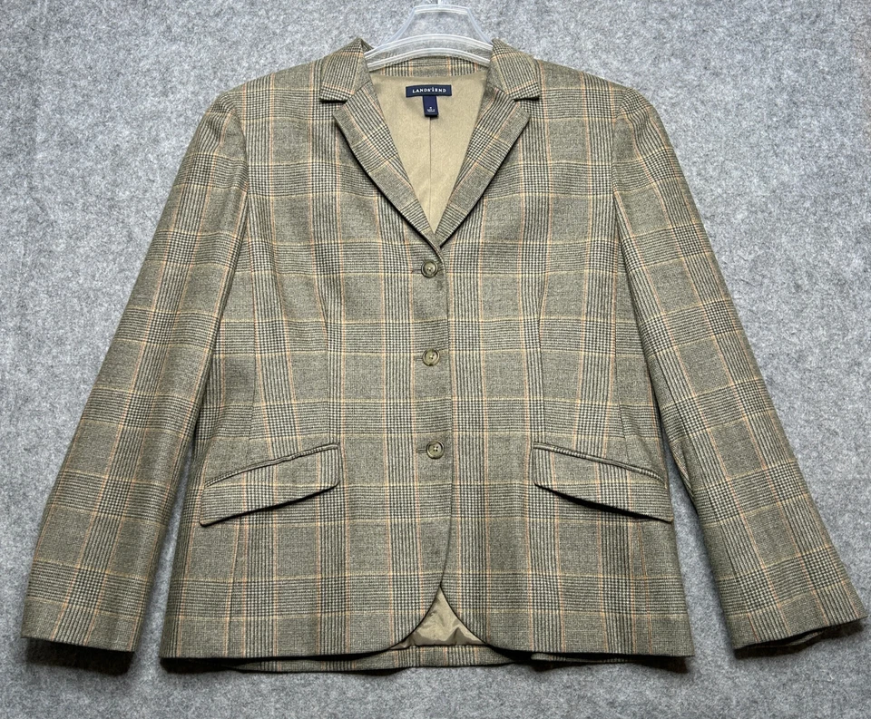 Blazer Lands End Mujer 16 Verde Beige Lana Cachemira Cuadros Tweed Clásico Atemporal Foto 1 de 4