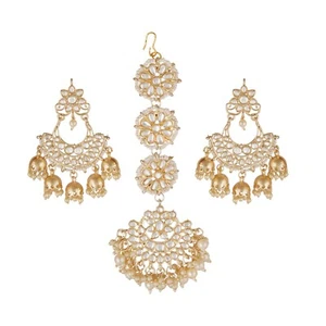 Indian Bollywood Gold Plated Kundan Silver Bridal  Maang Tika Earrings Jewelry - Picture 1 of 4