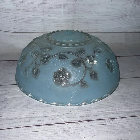 Vintage Antique Flush Mount Glass Light Fixture Clear Blue Floral Art Deco Cover