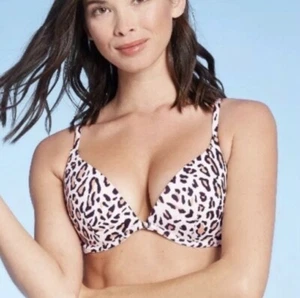 ❅�NUEVO SIN ETIQUETAS Top de Bikini con Aros Estampado de Leopardo Tono y Orilla Crema Tostado Negro Talla 34C - Imagen 1 de 7