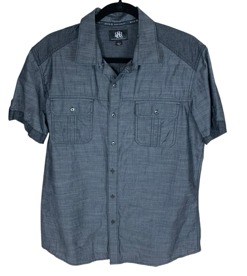 Men's Rock & Republic Black Short Sleeve Button Front Cotton Shirt Size L - Image 1 of 4
