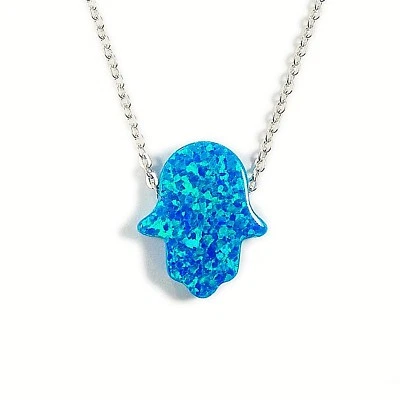 Collar de mano Hamsa cadena de plata de ley 925 ópalo creado en laboratorio azul Foto 1 de 4