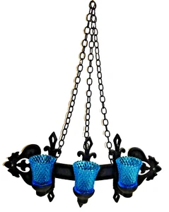 Vintage Homco Gothic Black Metal Wall Sconce 3 Blue Glass Candle Holder 19”x9” - Picture 1 of 9