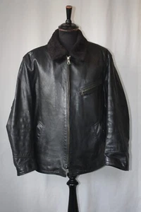 Vtg Black Italian Vera Pelle Leather aviator bomber jacket faux fur collar XL - Picture 1 of 20