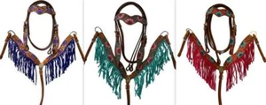 Tan COB Headstall Breastplate Reins Painted Pink Purple Teal Floral Dip Fringed - Picture 1 of 4
