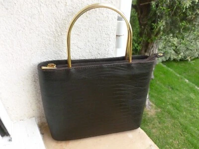 ELEGANT SAC CABAS VINTAGE MARQUE LOLA CUIR FACON LEZARD MARRON ANSE RIGIDE METAL - Photo 1/4