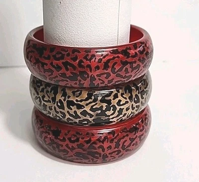 Brazalete Pulseras Estampado Leopardo De Colección 2 Rojo 1 Marrón con Estampado Negro Lote de 3 Foto 1 de 4