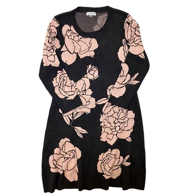 CALVIN KLEIN Floral Jacquard Sweater Dress Gray Pink Knit Long Sleeve L, Cottage - Image 1 of 4