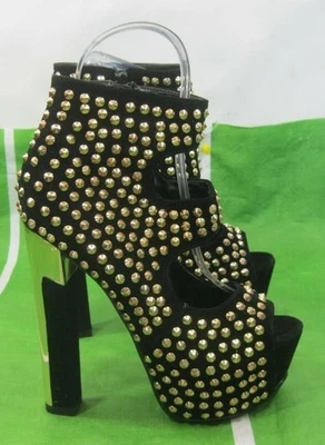 Zapatos Negros 6.5" Bloque Tacón Alto 2" Plataforma Dorado Spike Peep Toe MUJERES Talla 6 Foto 1 de 4