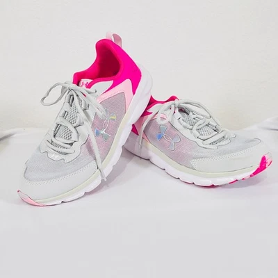 Under Armour Sneakers YOUTH Girls Size 7 Pink Gray Gym Shoes Trainers Lace Up - Image 1 of 4