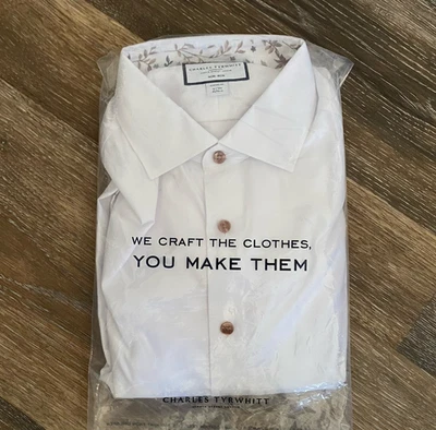 Charles Tyrwhitt White Twill Copper Button Up Floral Trim Classic Fit 16/34" - Image 1 of 4