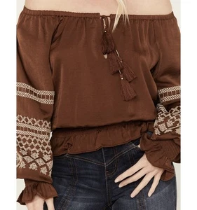 Shyanne Women's Satin Peasant Embroidered Blouse Dark Brown Size Medium - Picture 1 of 12