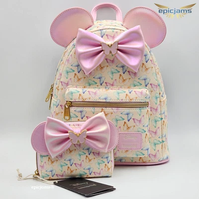 Loungefly Disney Minnie Mouse Ears Butterfly Pink Mini Backpack Bag & Wallet Set - Image 1 of 4