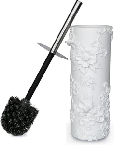 Spazzola e porta wc in resina design rami floreali bianchi rami bianchi - Foto 1 di 2