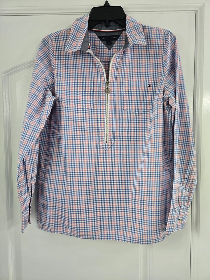 Женская повседневная сине-розовая клетчатая рубашка на молнии Tommy Hilfiger - Изображение 1 из 3