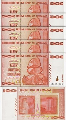 Zimbabwe 50 Billion 50,000,000,000 Dollars 2008, LOT 5 PCS, aUNC / UNC, P-87, AB - Image 1 of 4