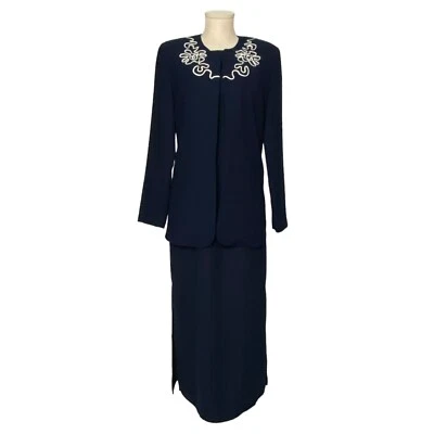 Donna B Taylor Women Suit 2 Pc Dress Embroidered Open Front Jacket Blue 10 — 第 1/4 张图片