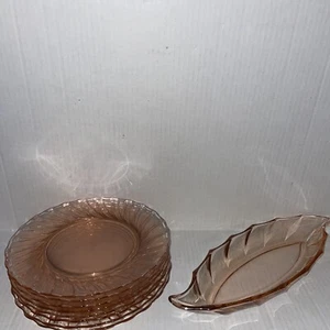 SET OF 8 RARE Depression Heisey Glass SPIRAL FLAMINGO PINK 7" Salad Plates And - Picture 1 of 7