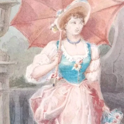Femme à l' Ombrelle dans un Parc Aquarelle fin 19e Signée Cadre - Photo 1/4