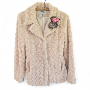 Sisters Outerwear Ivory Faux Fur Jacket Medium With Belt & Rose Accent - Picture 1 of 6