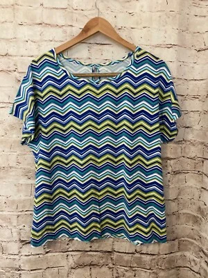 Kim Rogers 衬衫女式 XL 绿松石雪佛龙 Zig Zag 印花棉质短袖 — 第 1/4 张图片