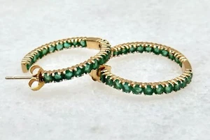 Vintage 14k Yellow Gold Inside Out Natural Emerald Hoop Earrings 2.8mm 1” - Picture 1 of 4