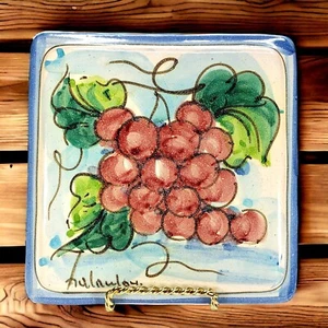 Fratantoni Vietri Untersetzer Fliese Wandkunst Terrakotta handbemalt Trauben Italien 6,5" - Bild 1 von 9