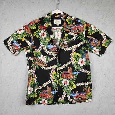 Vintage Hawaiian Shirt Mens Large Black Surf Woody Car Floral Hawaii Beetle Read - Image 1 of 4