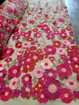 Multicolor 3d Lace Fabric by the Yard Fuchsia Embroidered 3d Floral White Mesh  - Image 1 of 4